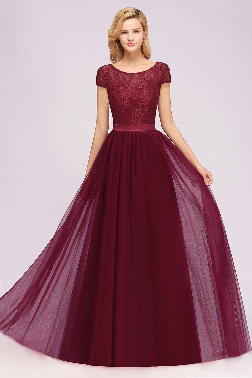 Elegant Lace Cap Sleeves Burgundy Bridesmaid dresses Affordable