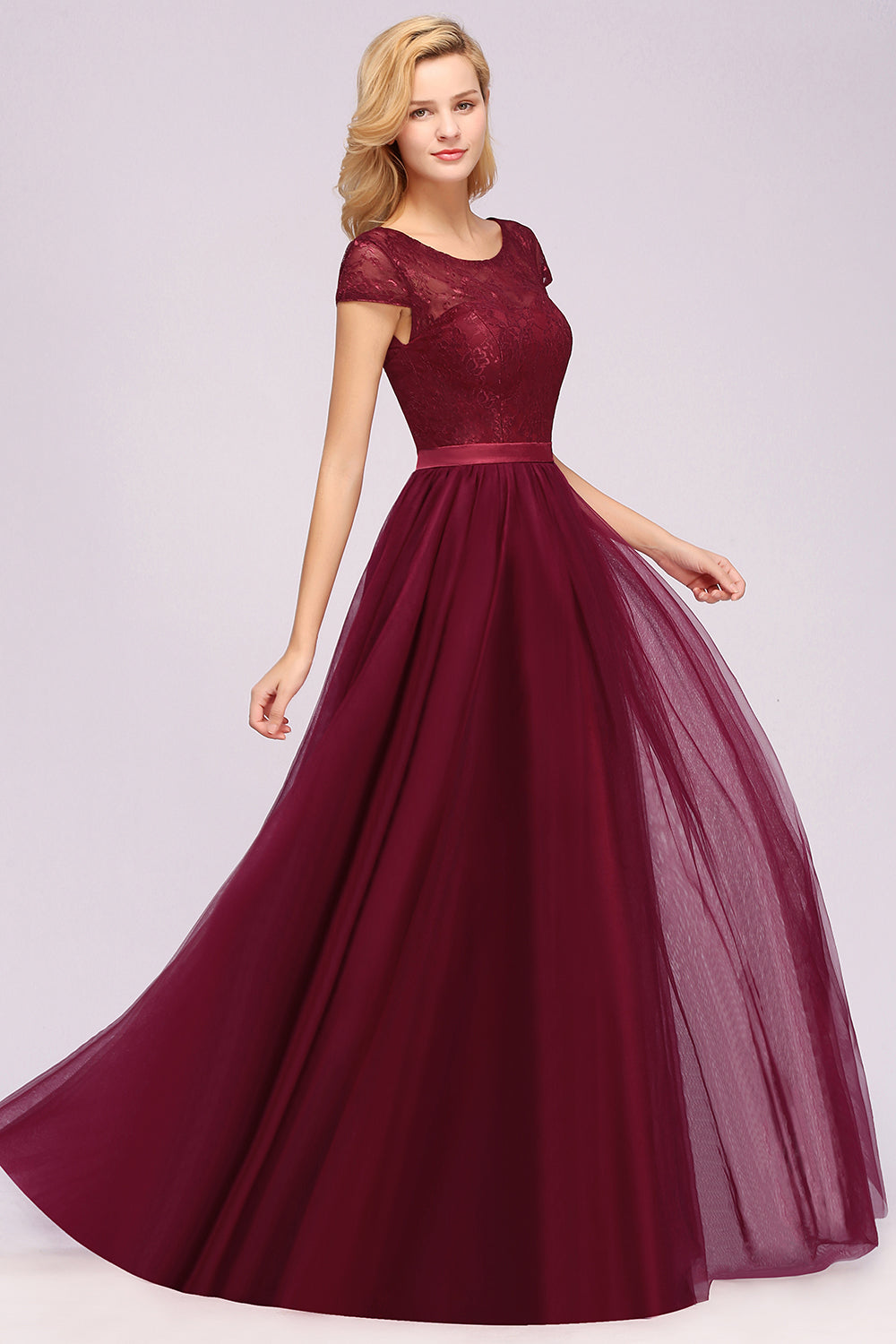 Elegant Lace Cap Sleeves Burgundy Bridesmaid dresses Affordable