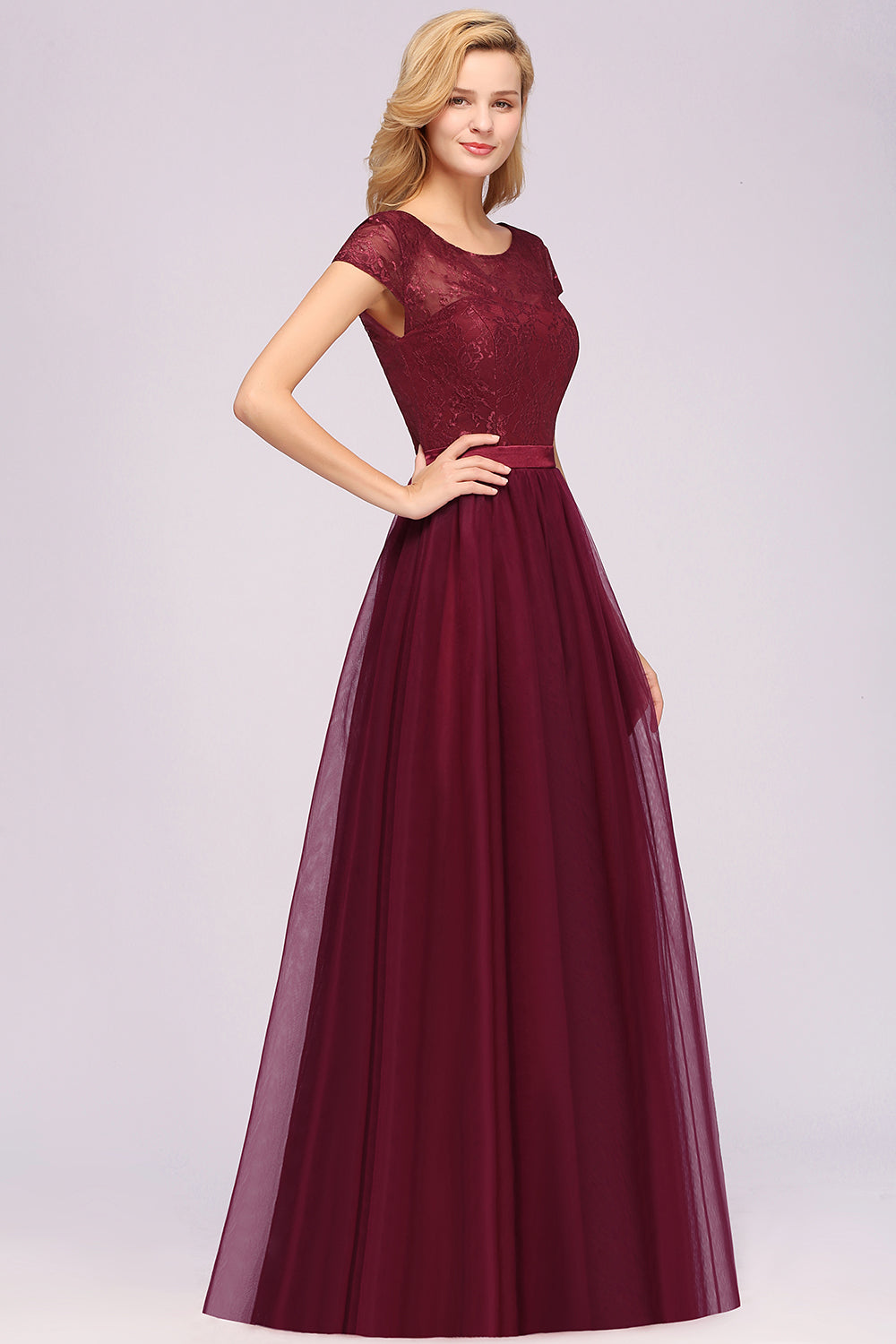 Elegant Lace Cap Sleeves Burgundy Bridesmaid dresses Affordable