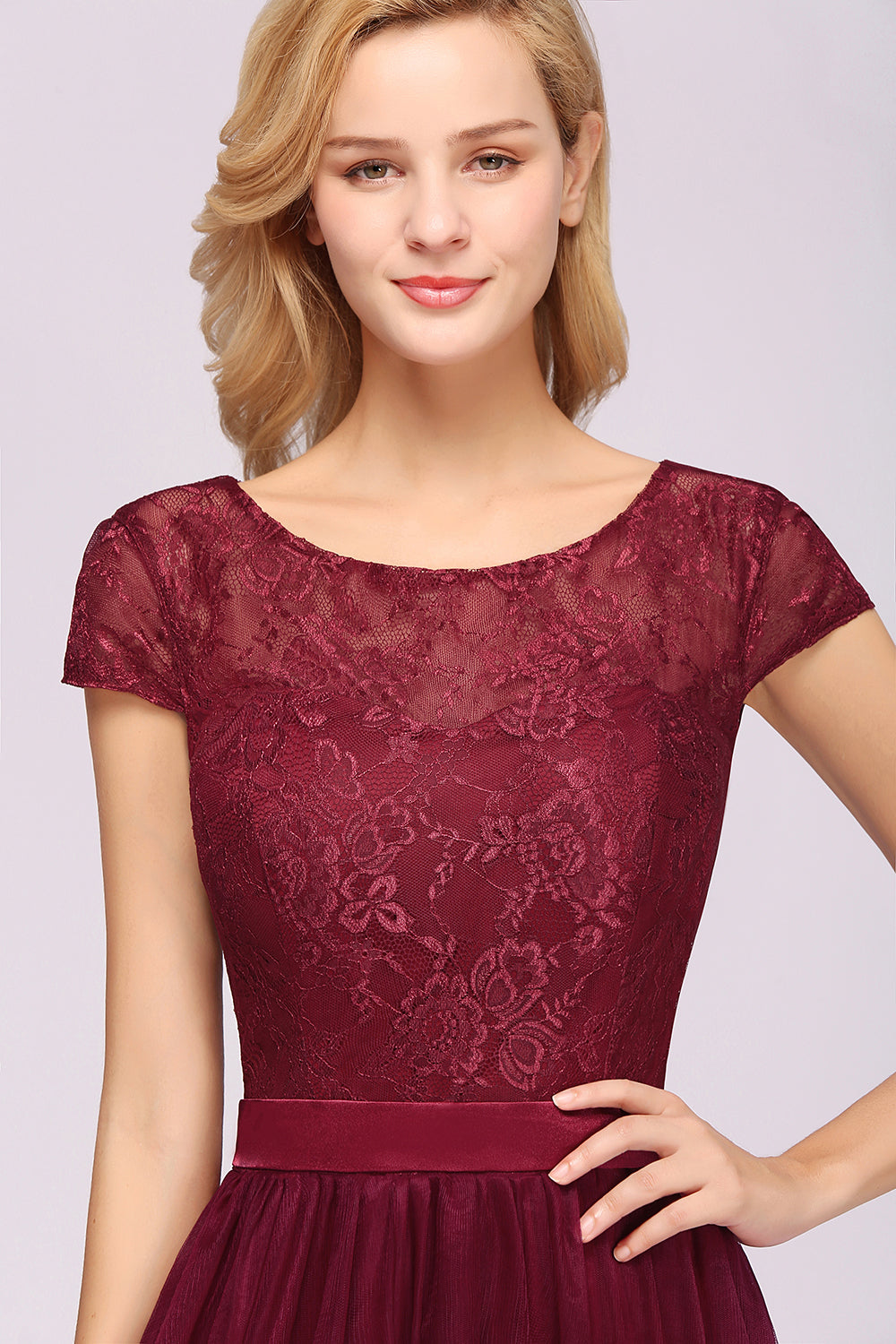 Elegant Lace Cap Sleeves Burgundy Bridesmaid dresses Affordable