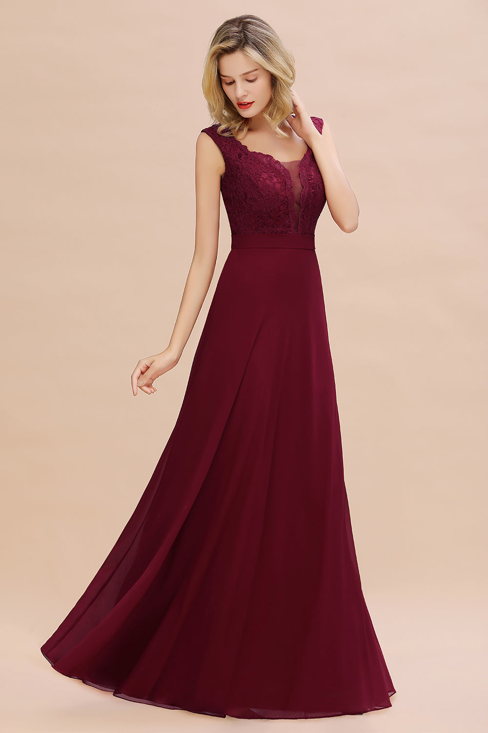 Elegant Lace Deep V-Neck Burgundy Bridesmaid Dresses Affordable - Fashionpara