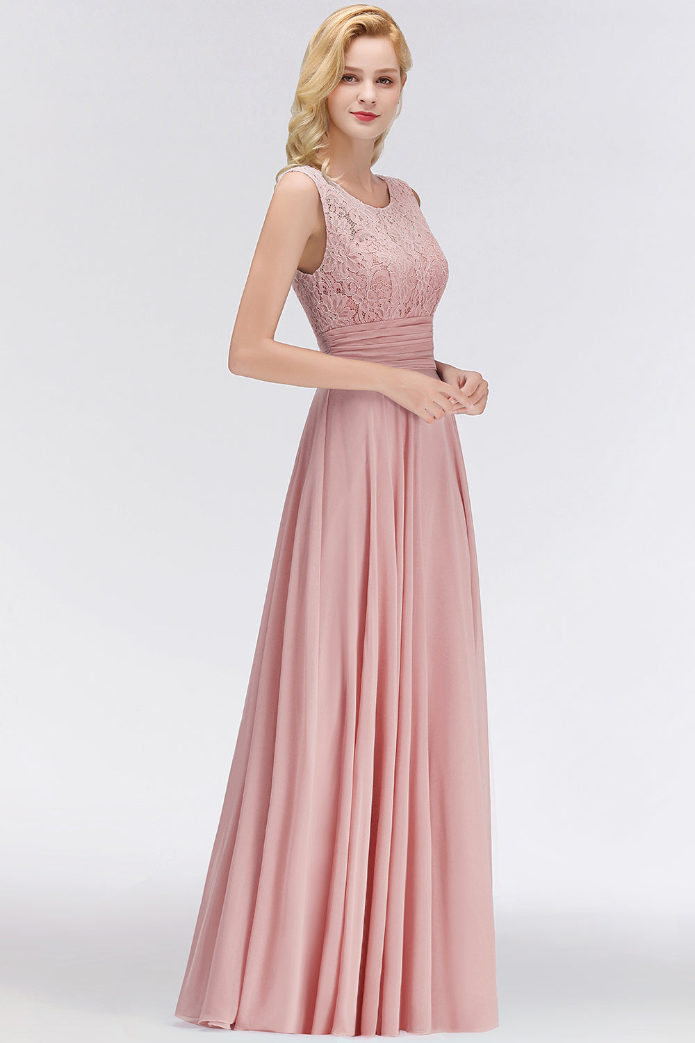 Elegant Lace Jewel Sleeveless Dusty Rose Bridesmaid Dresses