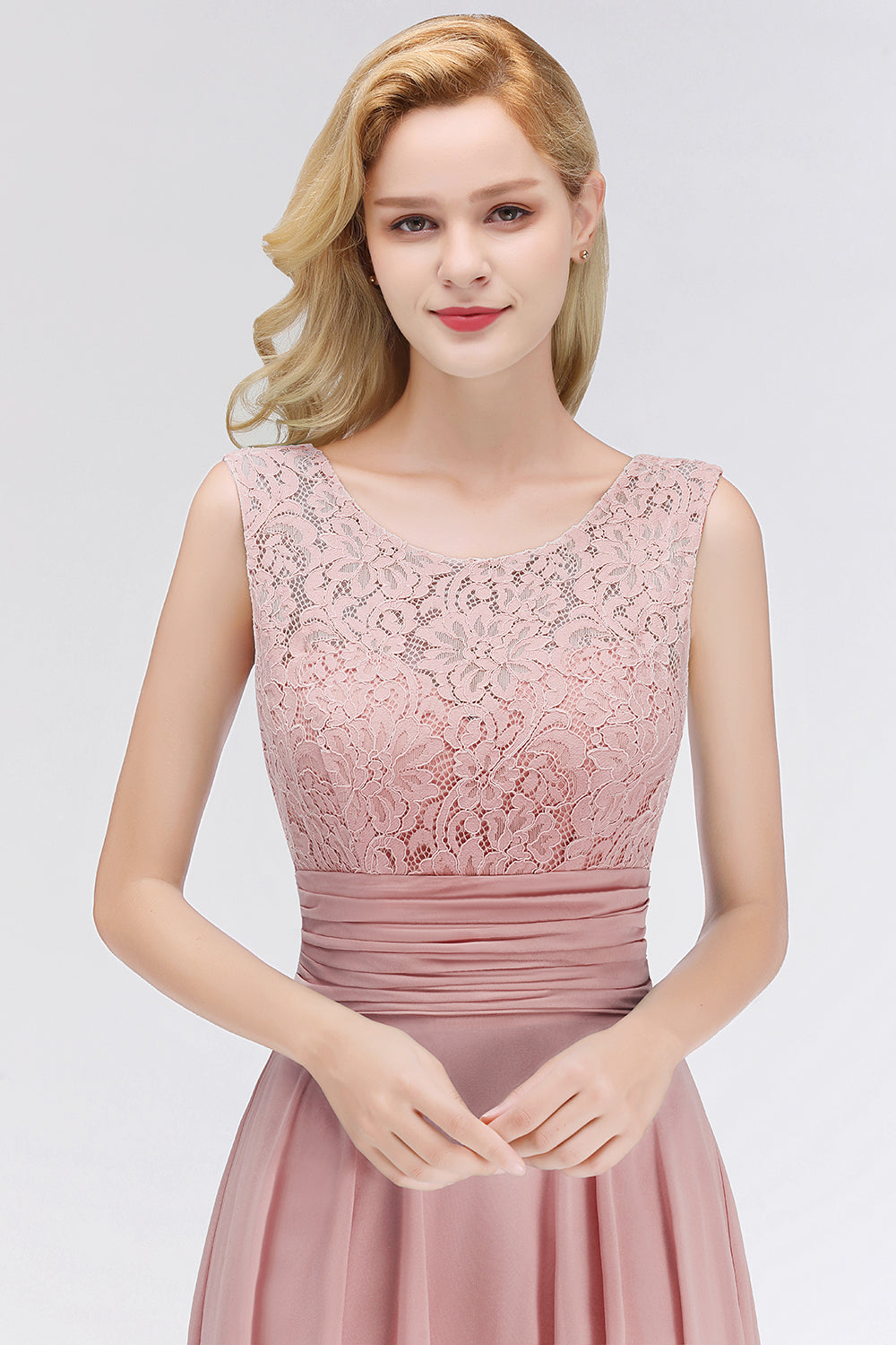 Elegant Lace Jewel Sleeveless Dusty Rose Bridesmaid Dresses