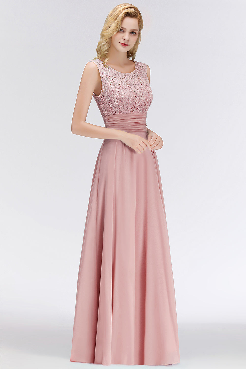 Elegant Lace Jewel Sleeveless Dusty Rose Bridesmaid Dresses