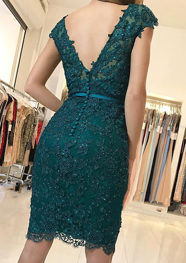 Elegant Lace Knee-Length Homecoming Dress With Beading and Column V Neck Sleeveless