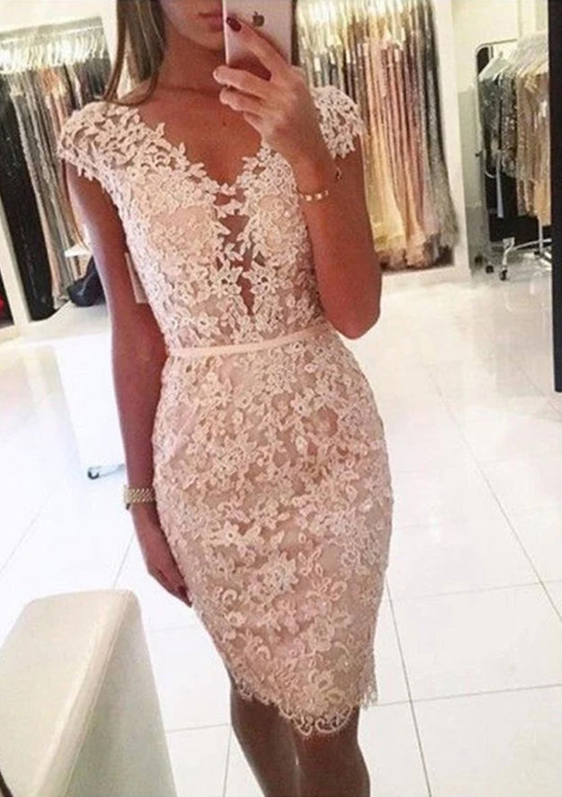 Elegant Lace Knee-Length Homecoming Dress With Beading and Column V Neck Sleeveless