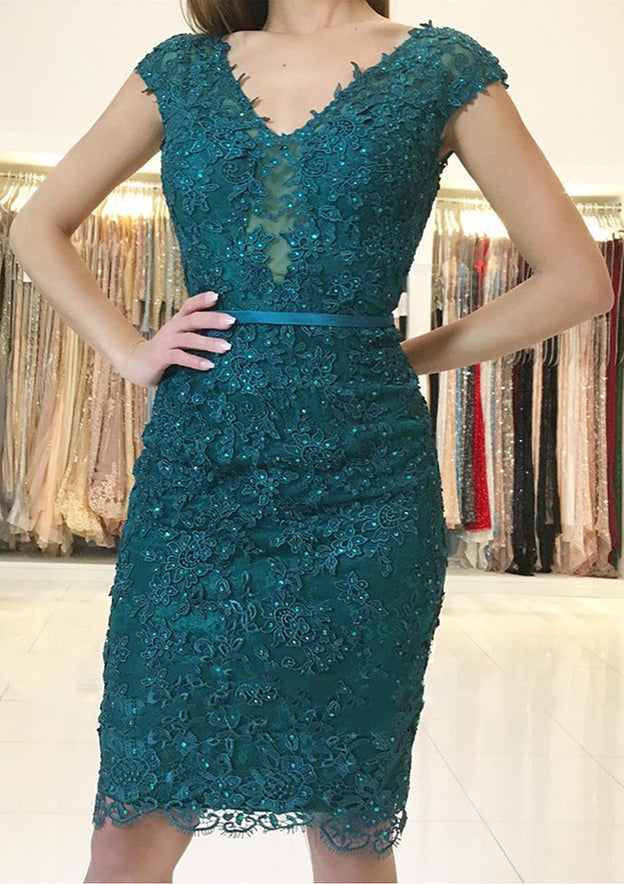 Elegant Lace Knee-Length Homecoming Dress With Beading and Column V Neck Sleeveless