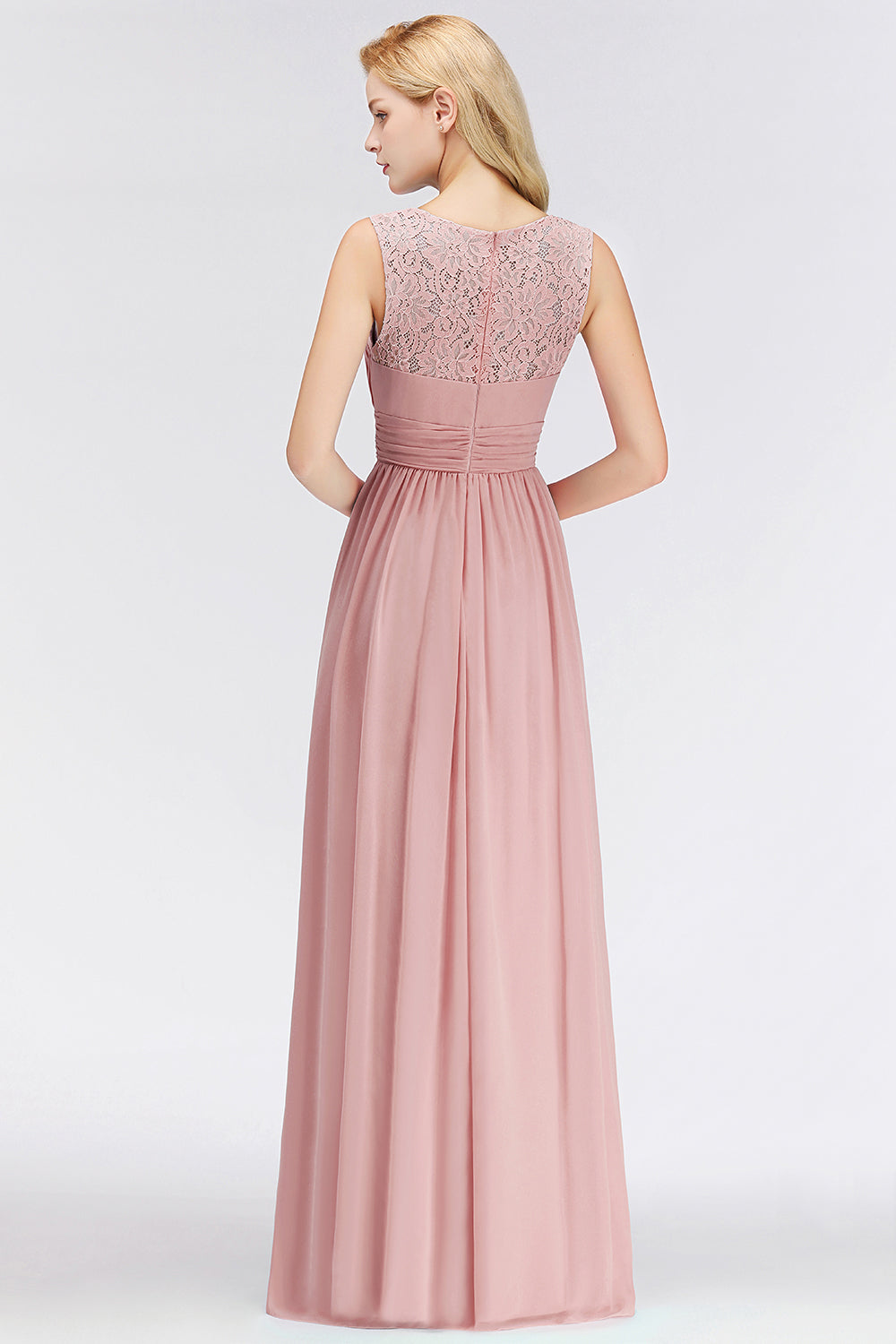 Elegant Lace Scoop Bridesmaid Dresses Dusty Rose Chiffon Sleeveless Wedding party Dress