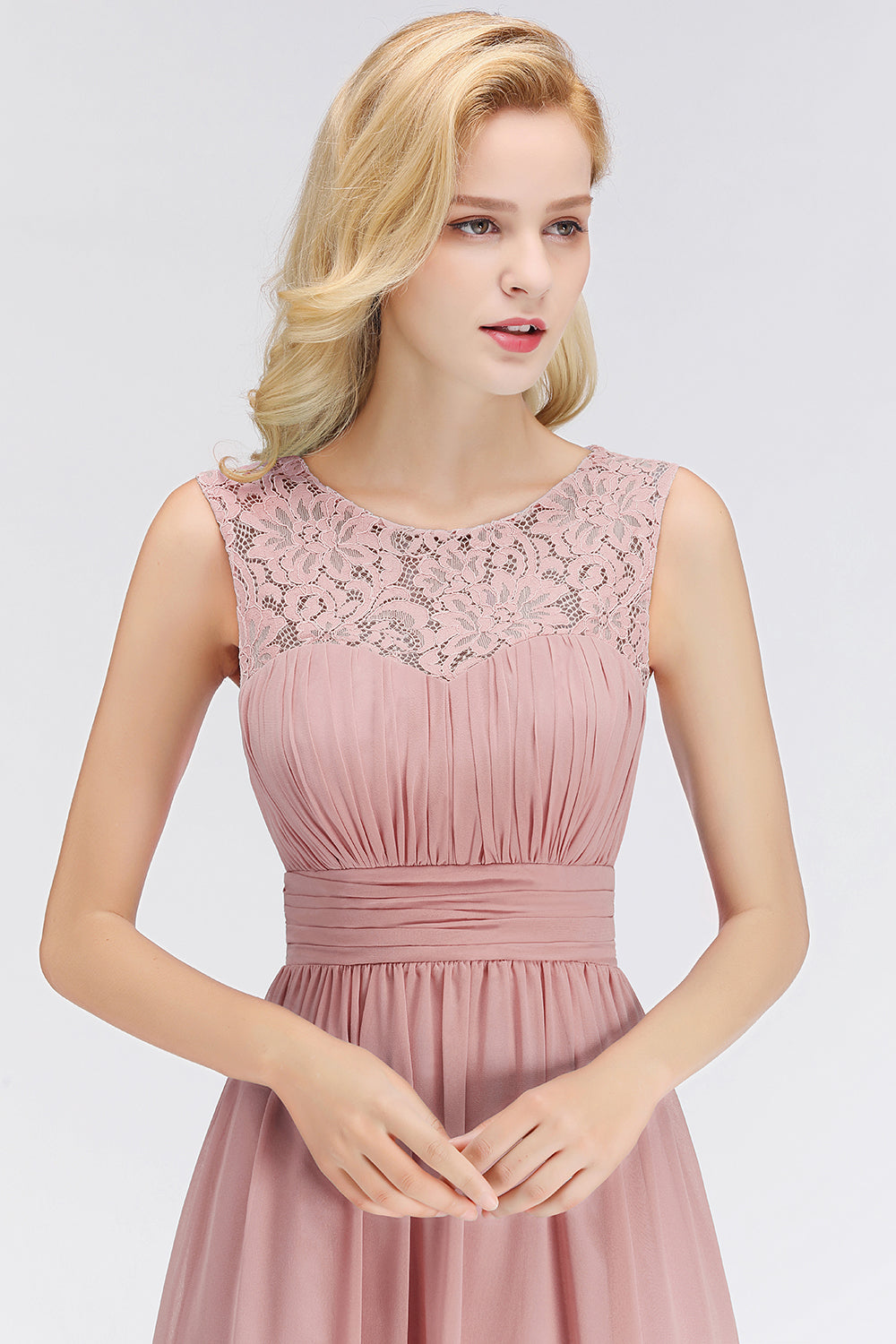 Elegant Lace Scoop Bridesmaid Dresses Dusty Rose Chiffon Sleeveless Wedding party Dress