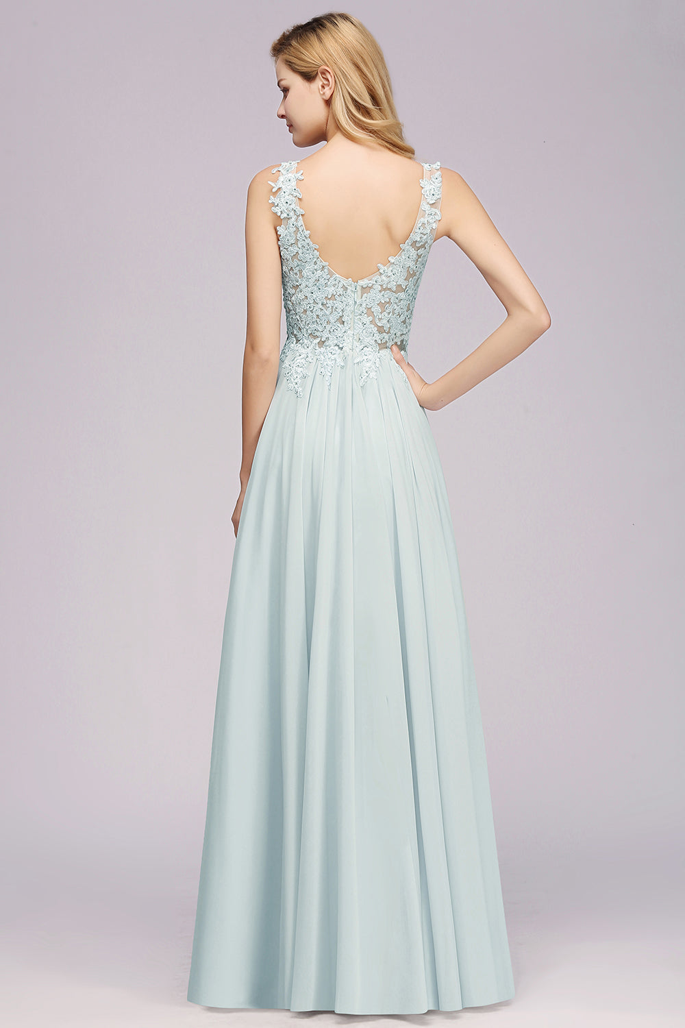 Elegant Lace V-Neck Chiffon Affordable Bridesmaid Dresses with Beadings - Fashionpara