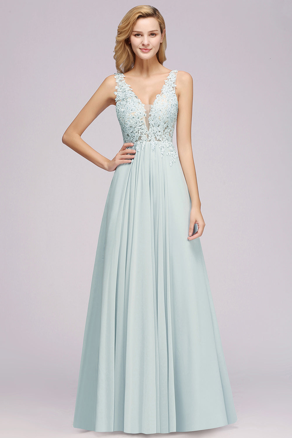 Elegant Lace V-Neck Chiffon Affordable Bridesmaid Dresses with Beadings - Fashionpara