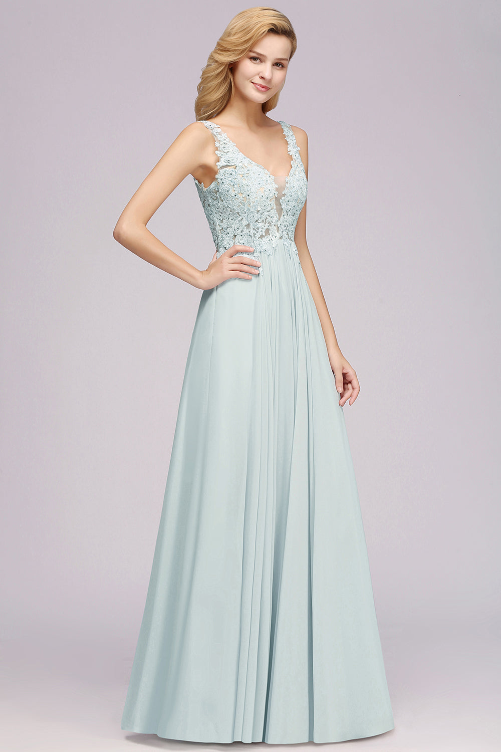 Elegant Lace V-Neck Chiffon Affordable Bridesmaid Dresses with Beadings - Fashionpara