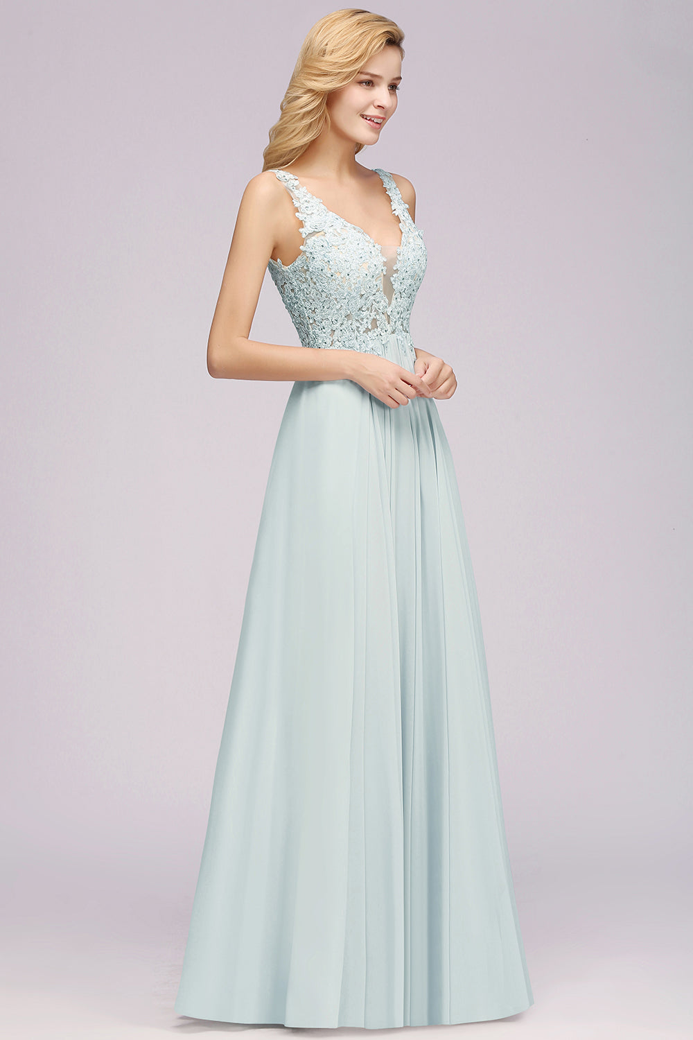 Elegant Lace V-Neck Chiffon Affordable Bridesmaid Dresses with Beadings - Fashionpara