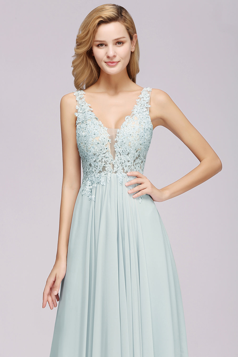 Elegant Lace V-Neck Chiffon Affordable Bridesmaid Dresses with Beadings - Fashionpara