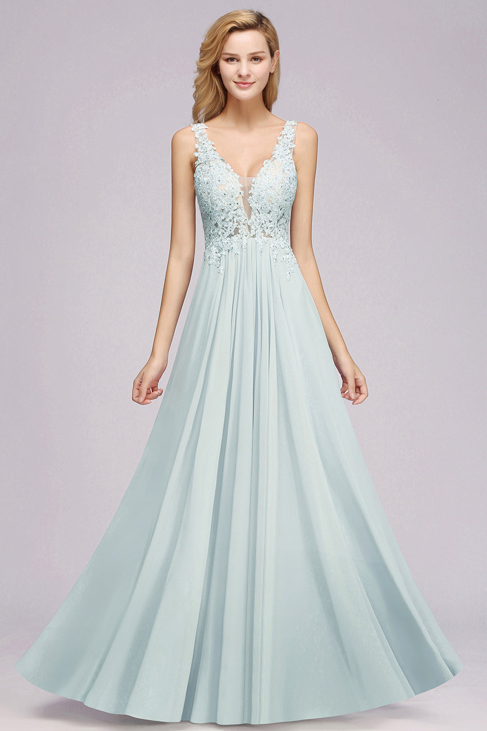 Elegant Lace V-Neck Chiffon Affordable Bridesmaid Dresses with Beadings - Fashionpara