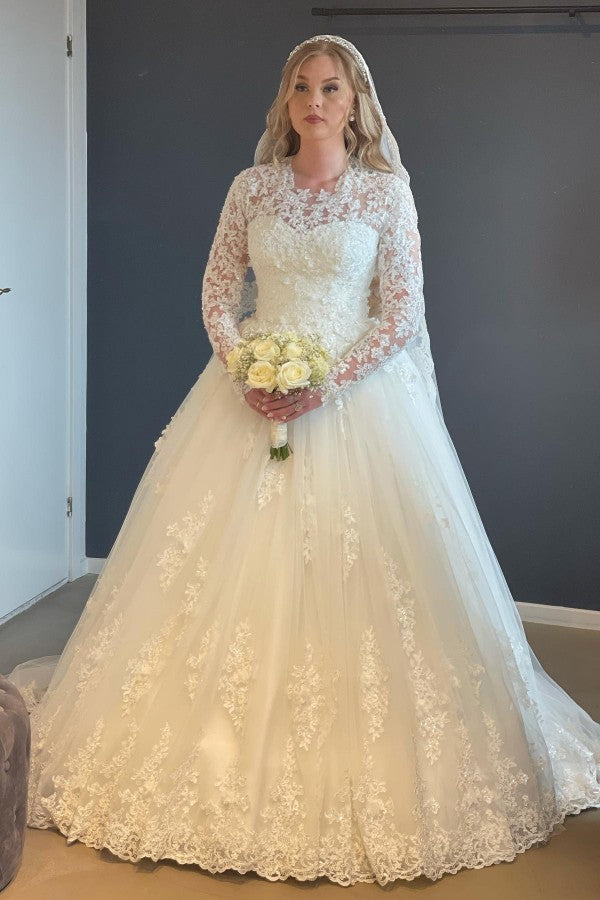 Graceful Long A-line Lace Wedding Dress with Delicate Long Sleeves