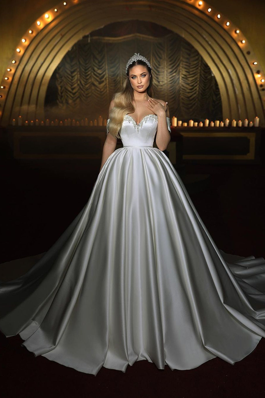 Sophisticated Long Ivory Sweetheart Off-The-Shoulder A-Line Sleeveless Wedding Dress