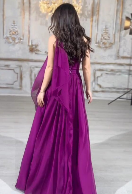 Graceful Long Purple A-line Strapless Laced-up Evening Dress - Fashionpara