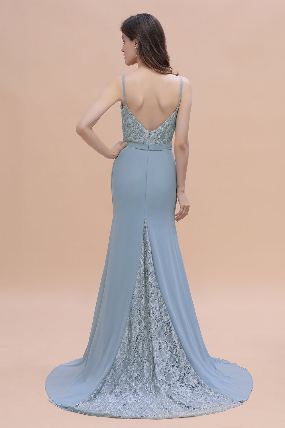 Elegant Mermaid Chiffon Lace Dusty Blue Bridesmaid Dresses with Spaghetti Straps On Sale