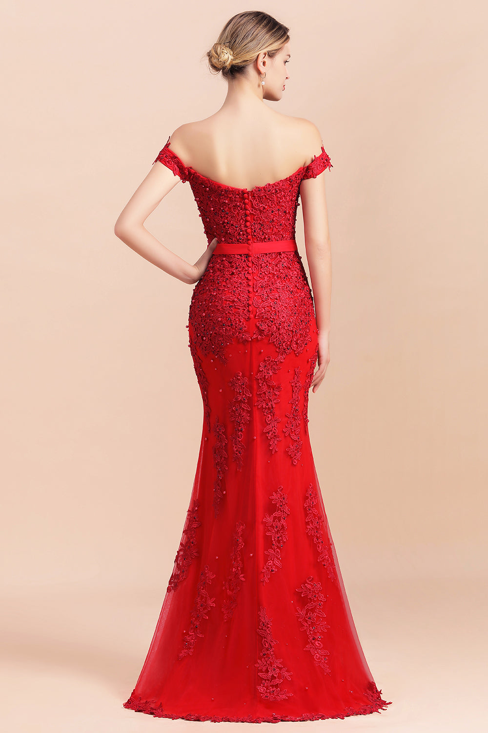 Elegant Mermaid Off the Shoulder Red Lace Appliques Bridesmaid dresses