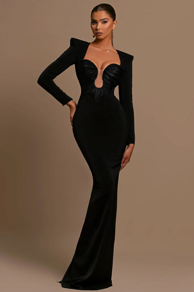 Elegant Pleated Sweetheart Shoulder Pad Bodycon Evening Maxi Dress