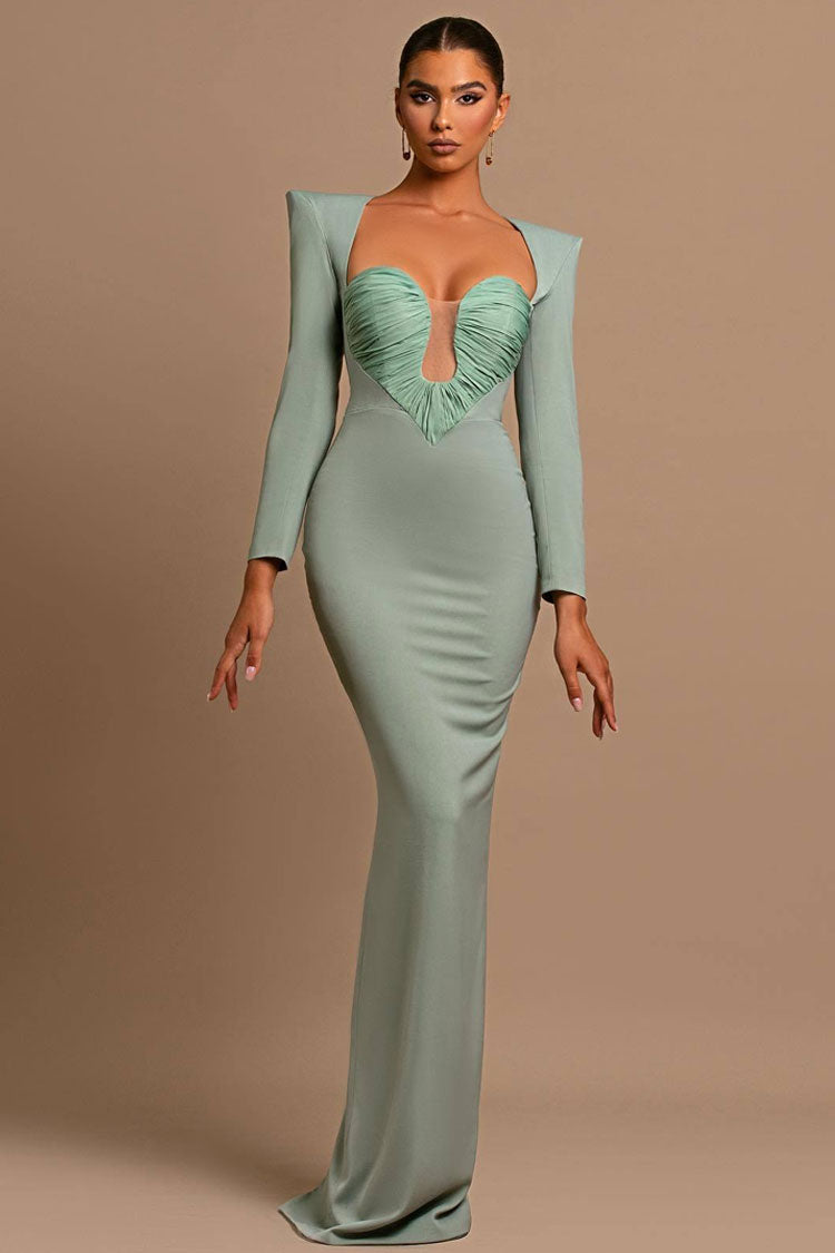 Elegant Pleated Sweetheart Shoulder Pad Bodycon Evening Maxi Dress