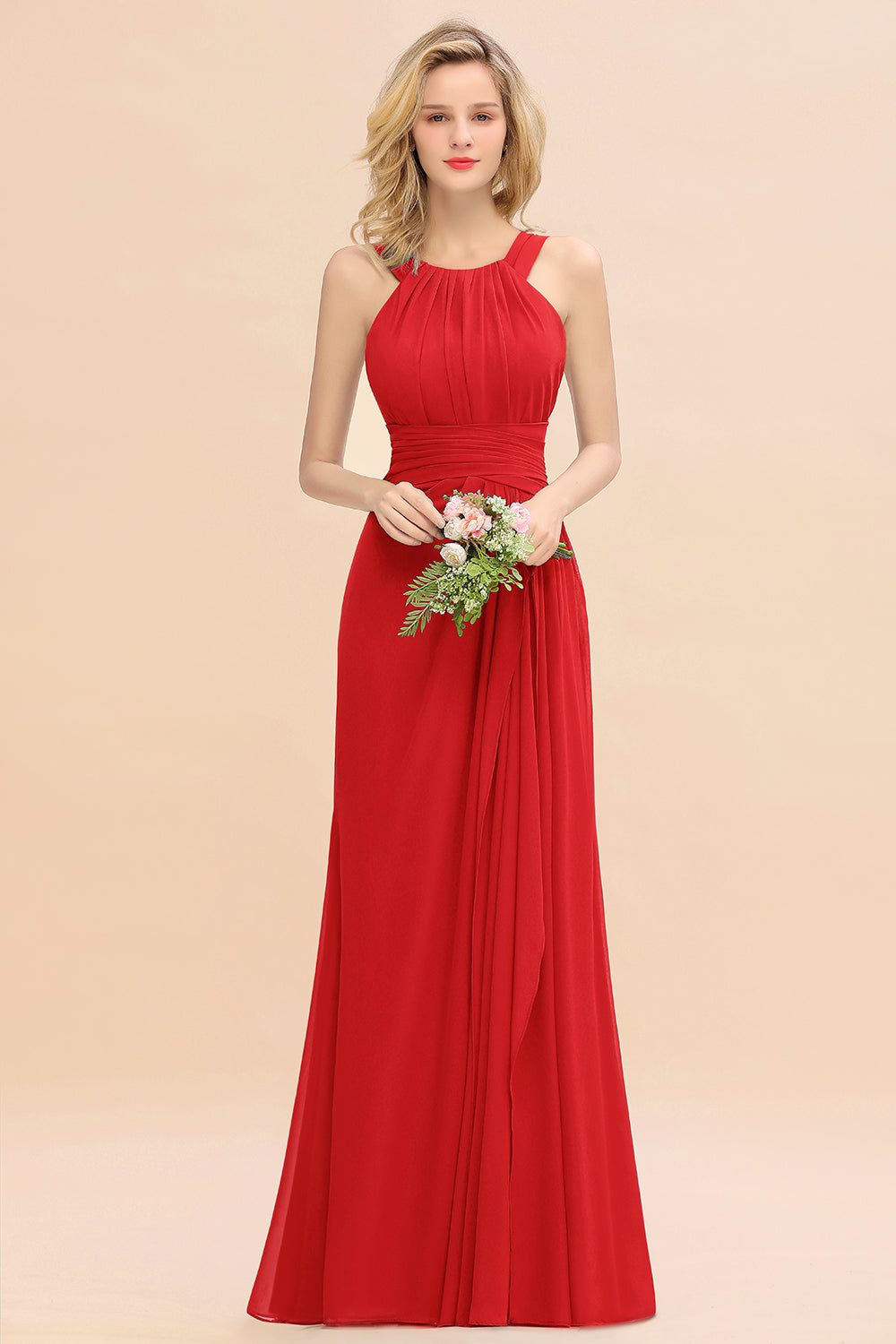 Elegant Round Neck Sleeveless Bridesmaid Dresses with Ruffles