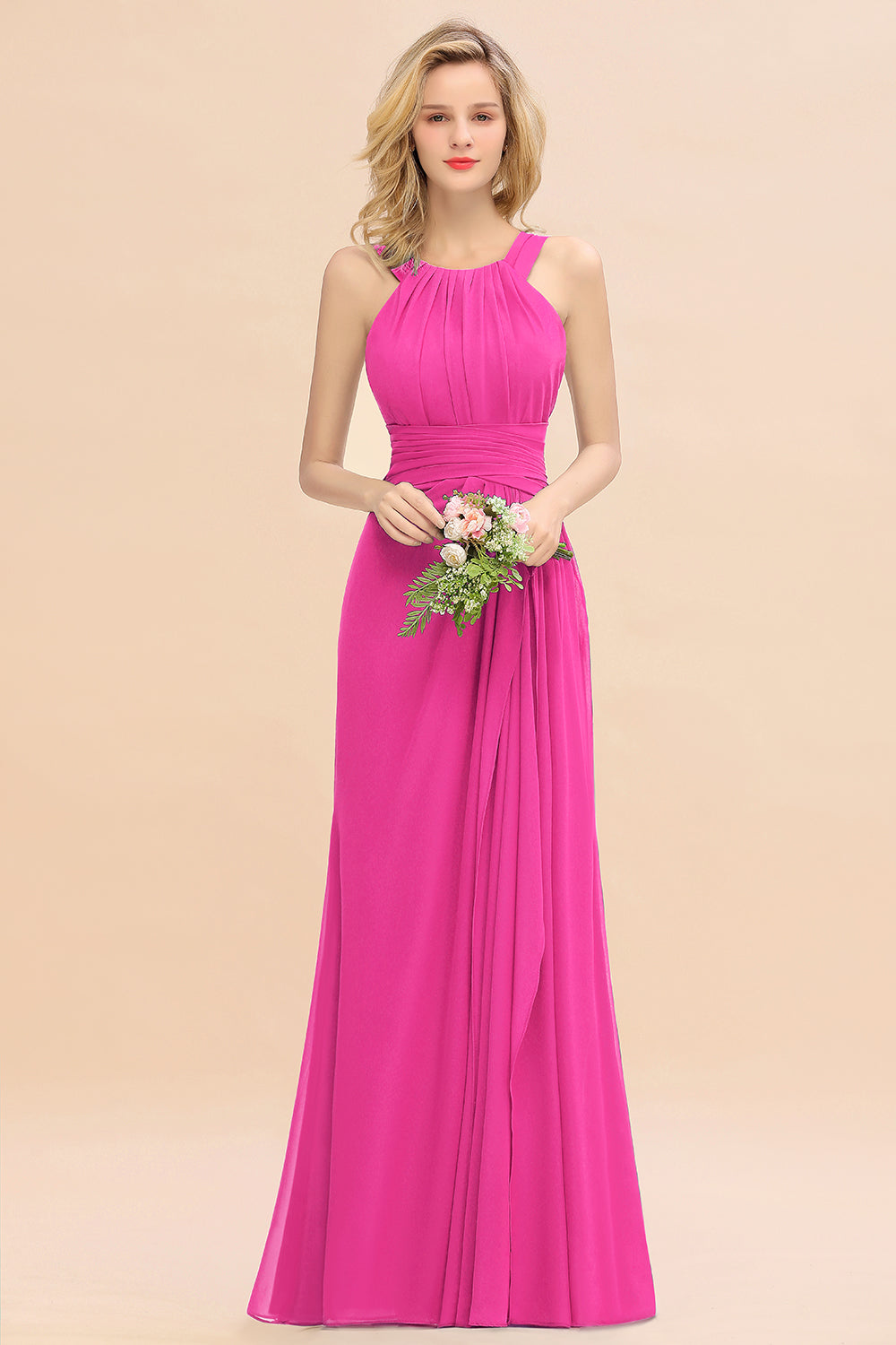 Elegant Round Neck Sleeveless Bridesmaid Dresses with Ruffles