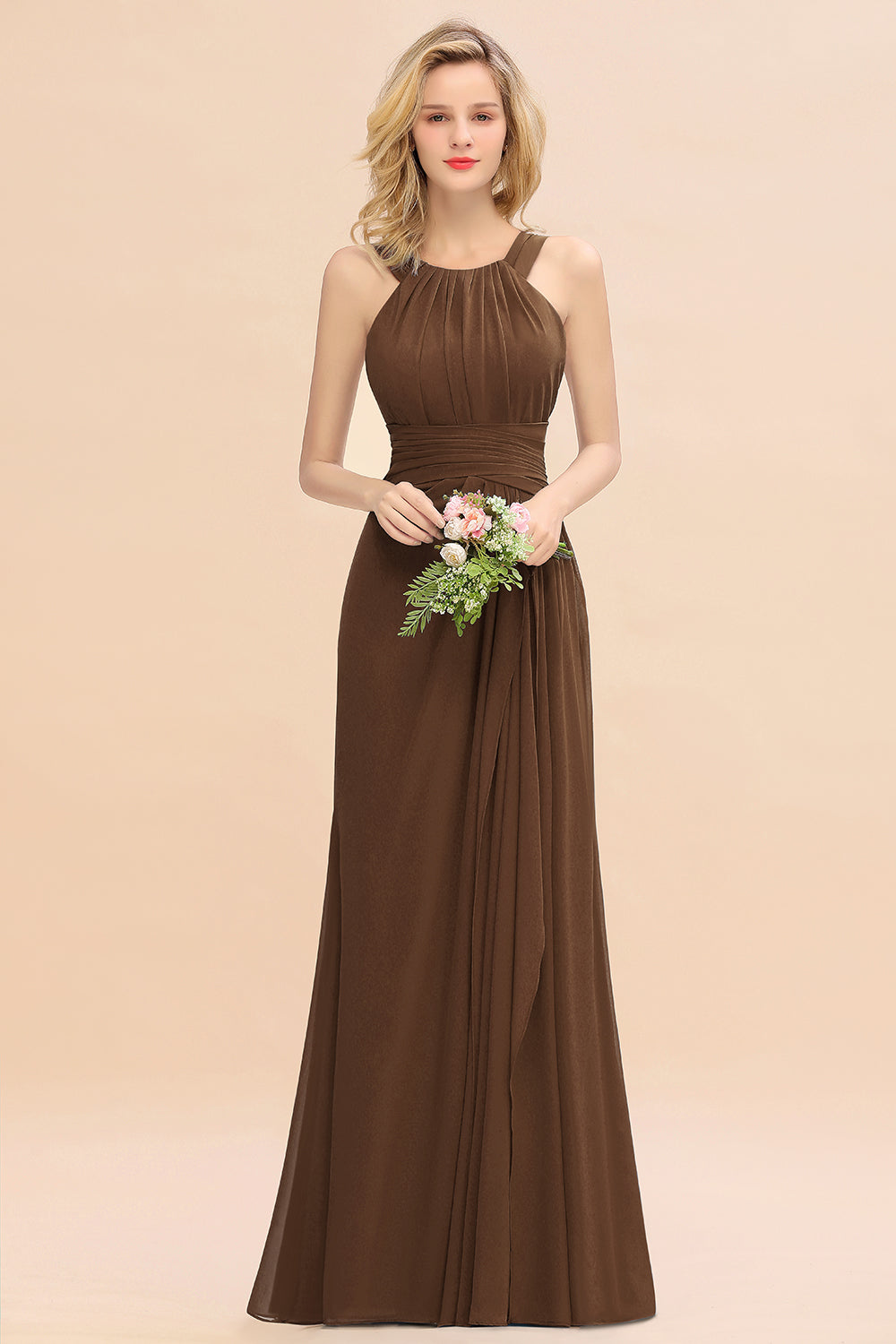 Elegant Round Neck Sleeveless Bridesmaid Dresses with Ruffles