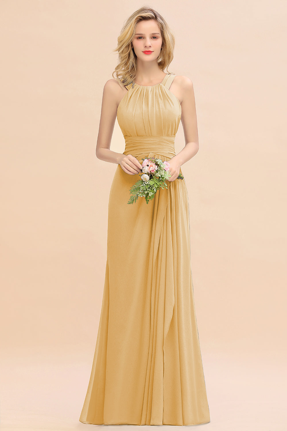 Elegant Round Neck Sleeveless Bridesmaid Dresses with Ruffles - Fashionpara