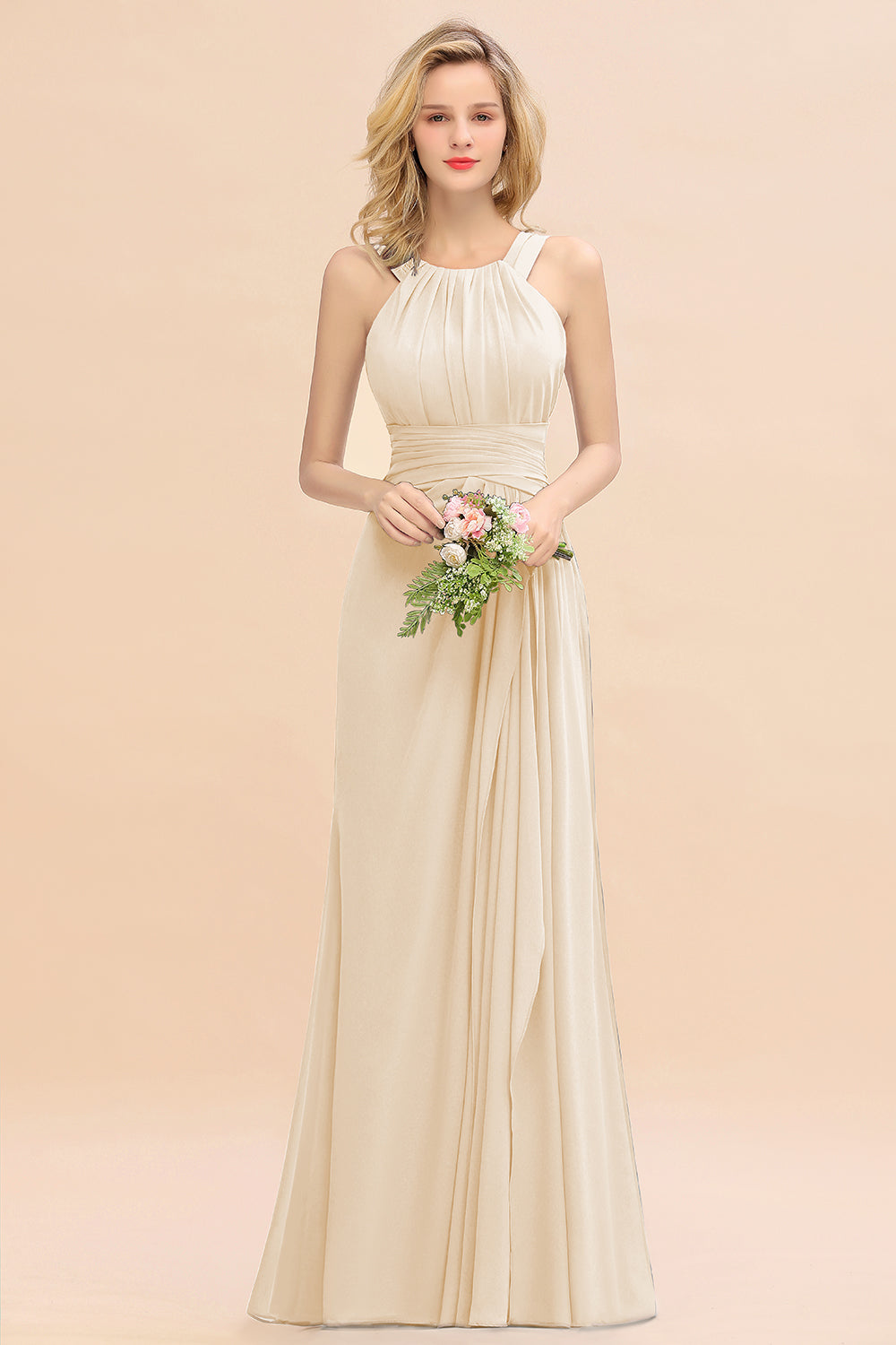 Elegant Round Neck Sleeveless Bridesmaid Dresses with Ruffles - Fashionpara