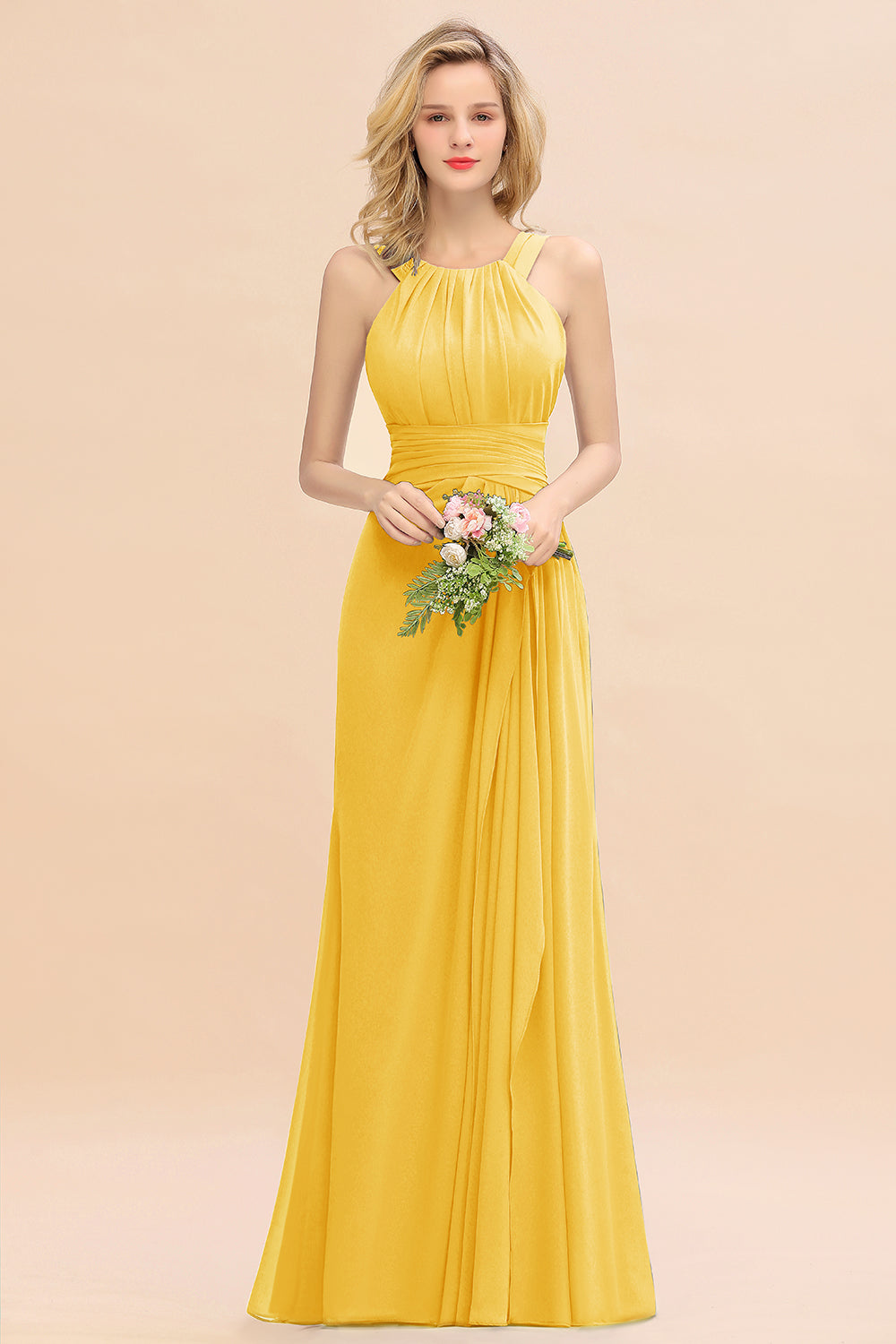 Elegant Round Neck Sleeveless Bridesmaid Dresses with Ruffles - Fashionpara