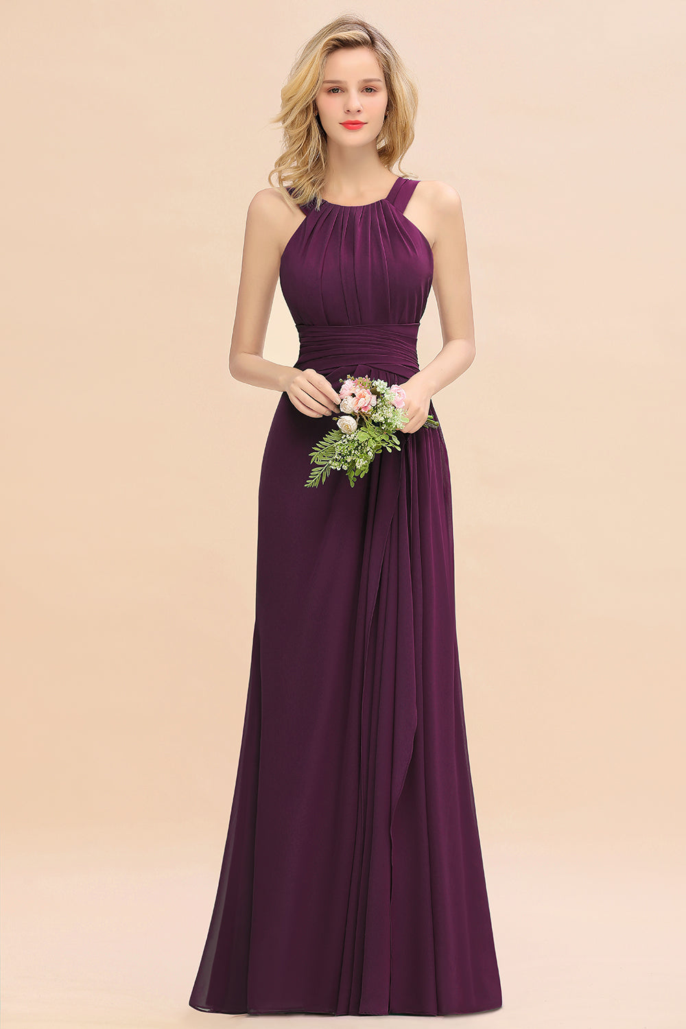 Elegant Round Neck Sleeveless Bridesmaid Dresses with Ruffles - Fashionpara