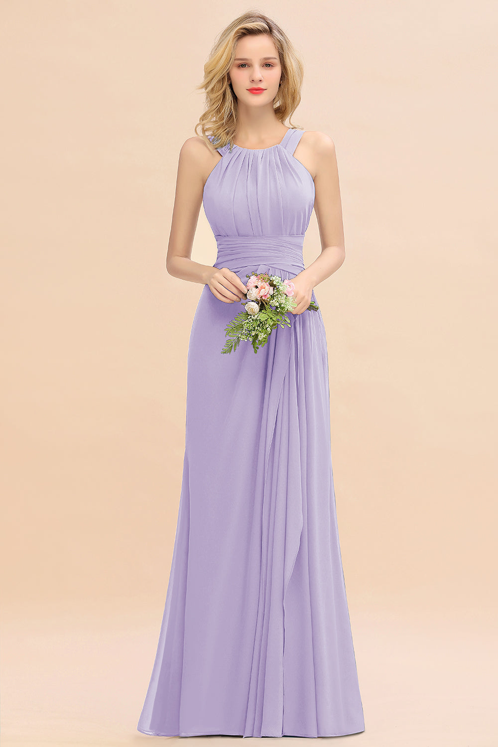 Elegant Round Neck Sleeveless Bridesmaid Dresses with Ruffles