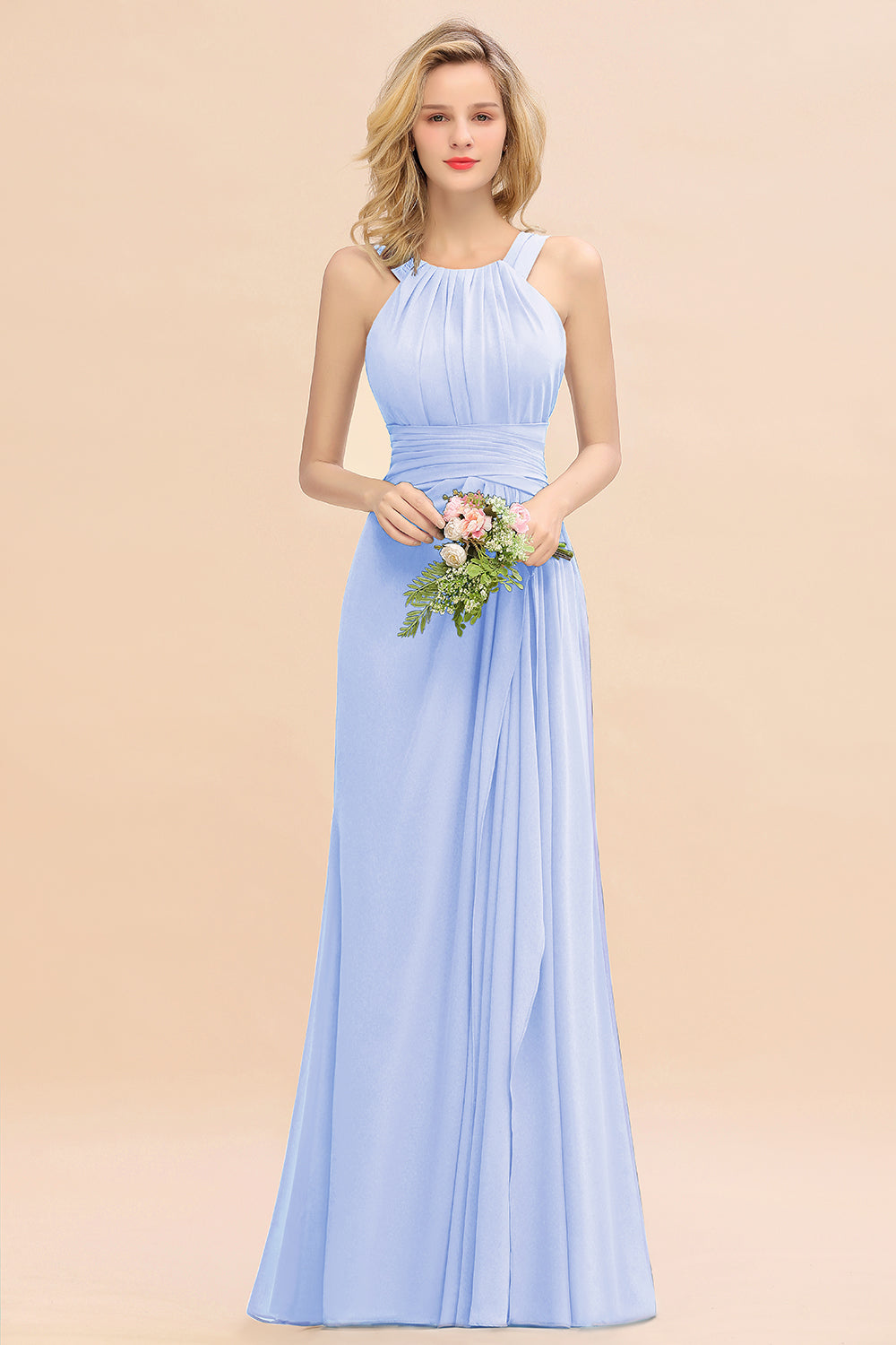 Elegant Round Neck Sleeveless Bridesmaid Dresses with Ruffles