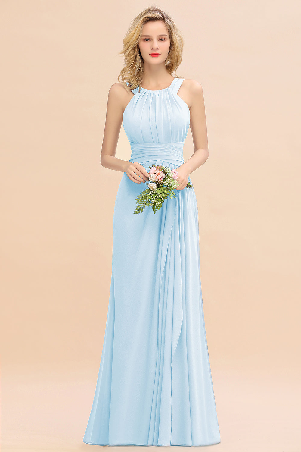 Elegant Round Neck Sleeveless Bridesmaid Dresses with Ruffles - Fashionpara