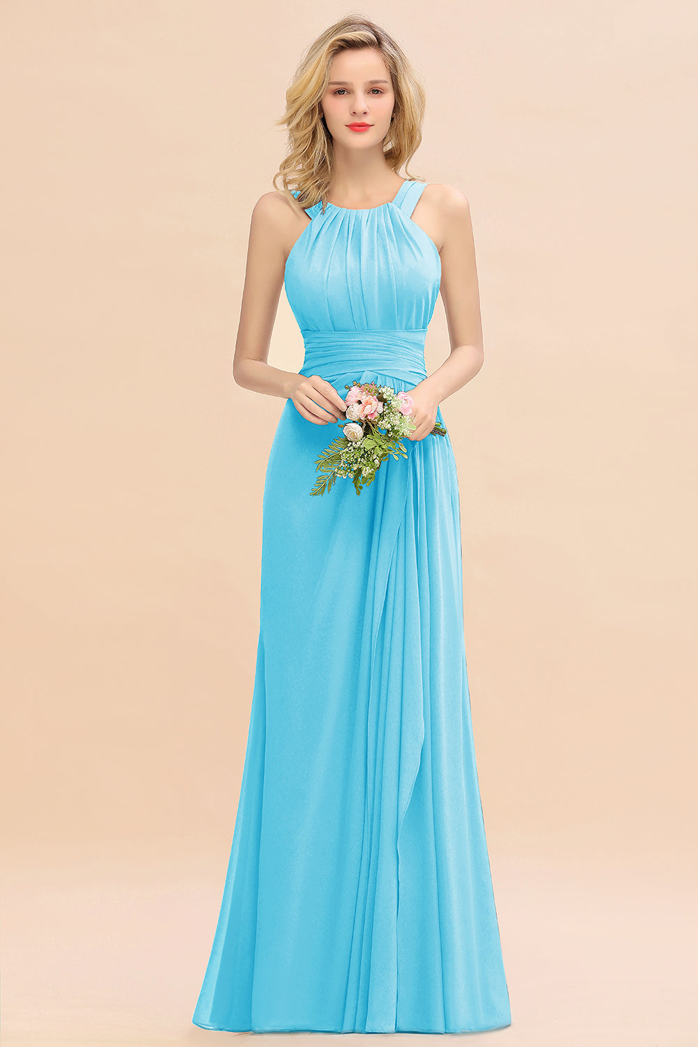 Elegant Round Neck Sleeveless Bridesmaid Dresses with Ruffles - Fashionpara