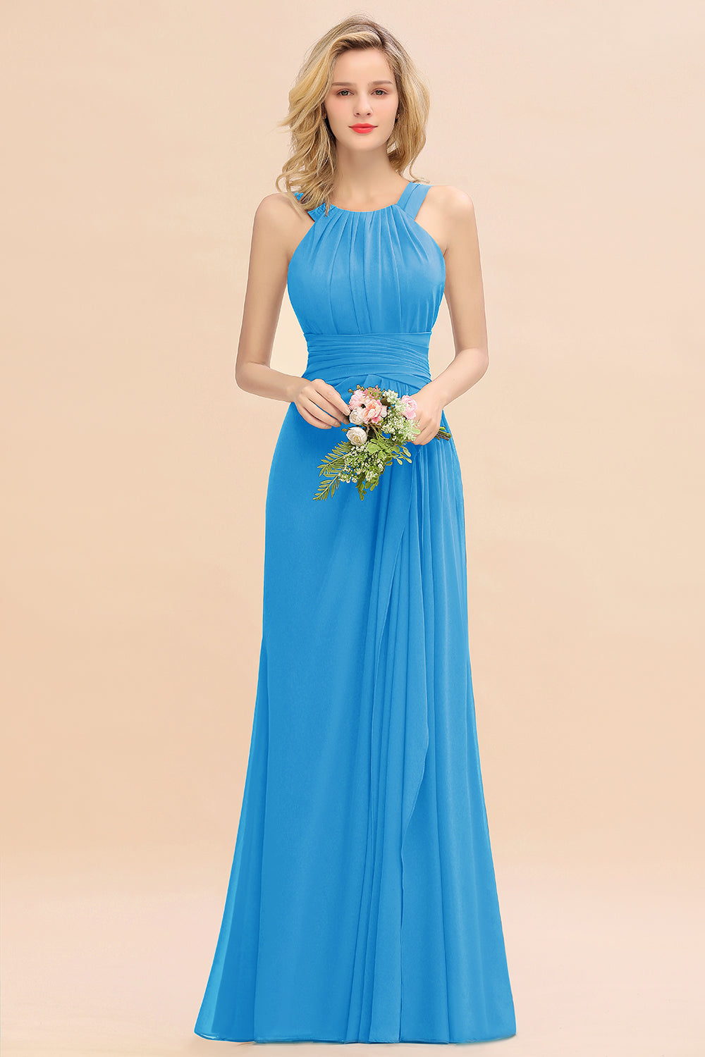 Elegant Round Neck Sleeveless Bridesmaid Dresses with Ruffles - Fashionpara