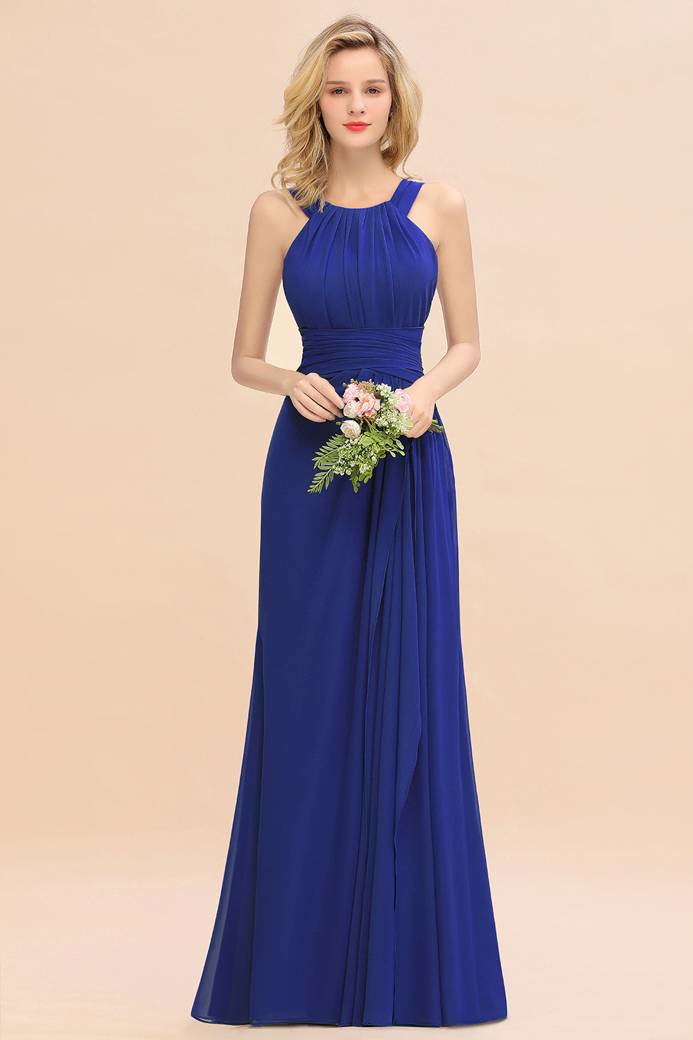 Elegant Round Neck Sleeveless Bridesmaid Dresses with Ruffles - Fashionpara