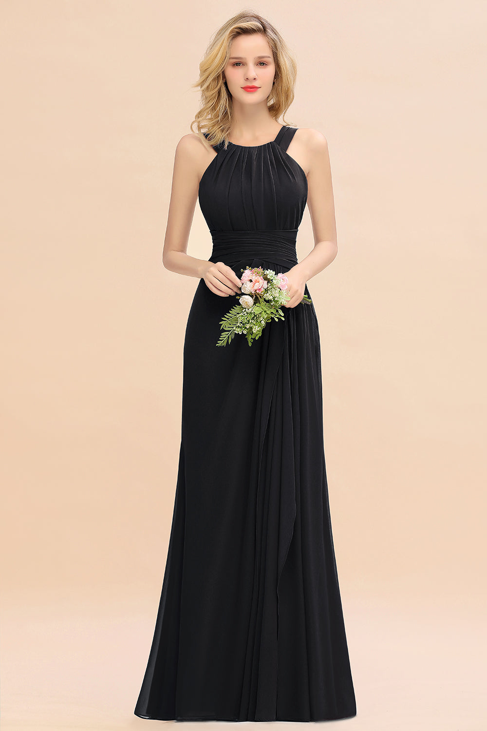 Elegant Round Neck Sleeveless Bridesmaid Dresses with Ruffles