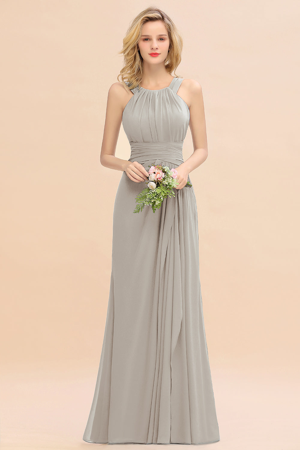 Elegant Round Neck Sleeveless Bridesmaid Dresses with Ruffles - Fashionpara