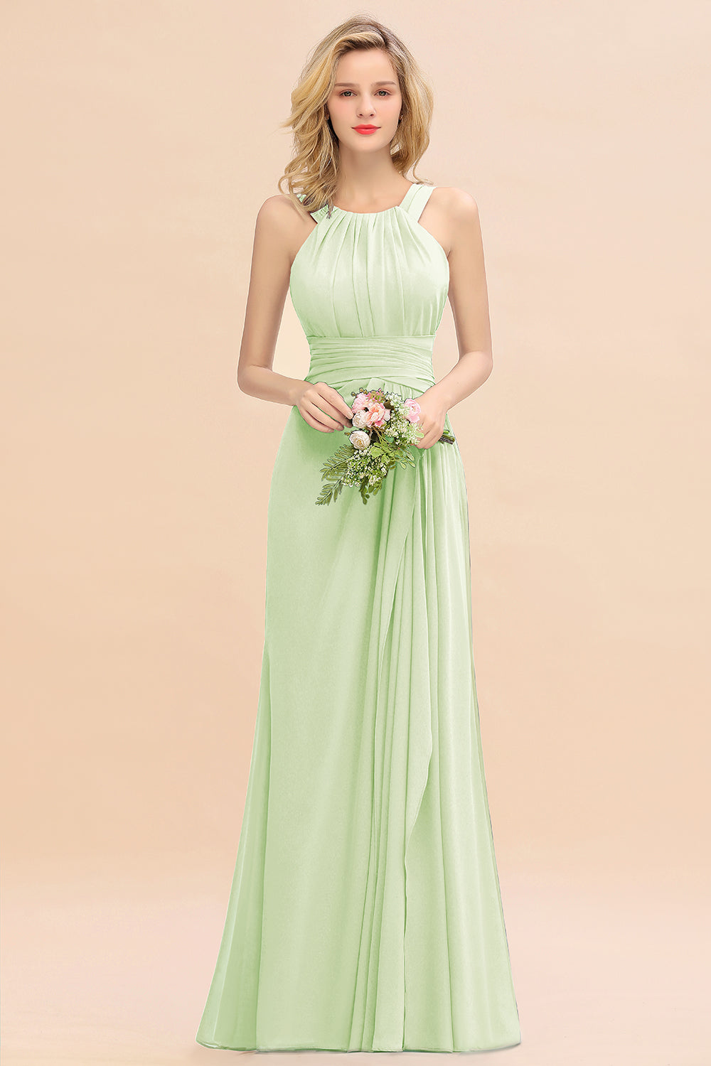 Elegant Round Neck Sleeveless Bridesmaid Dresses with Ruffles