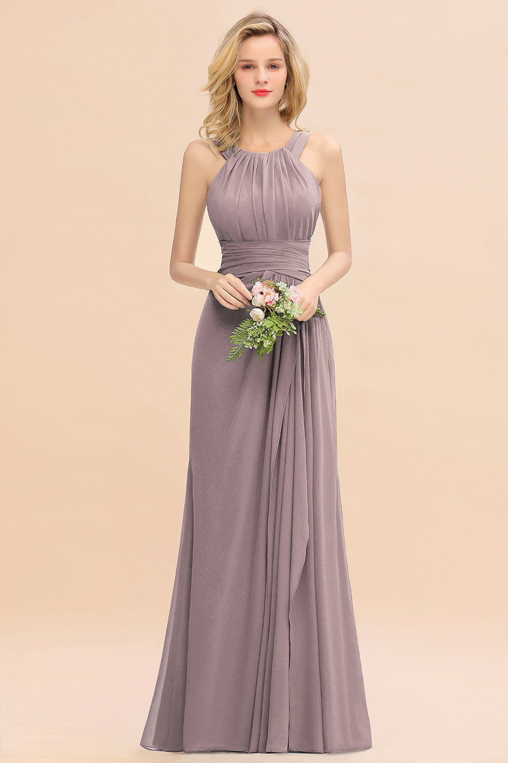 Elegant Round Neck Sleeveless Bridesmaid Dresses with Ruffles