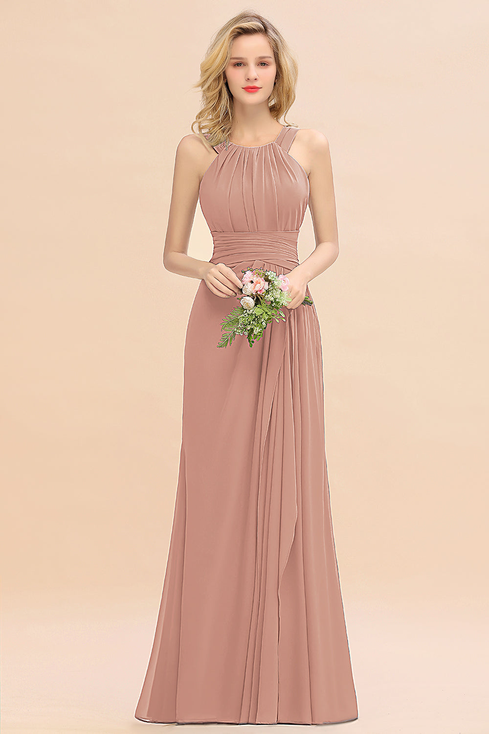 Elegant Round Neck Sleeveless Bridesmaid Dresses with Ruffles - Fashionpara