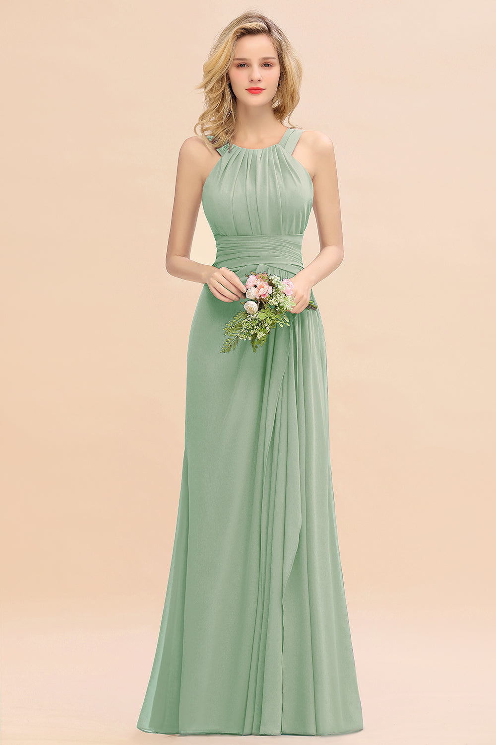 Elegant Round Neck Sleeveless Bridesmaid Dresses with Ruffles