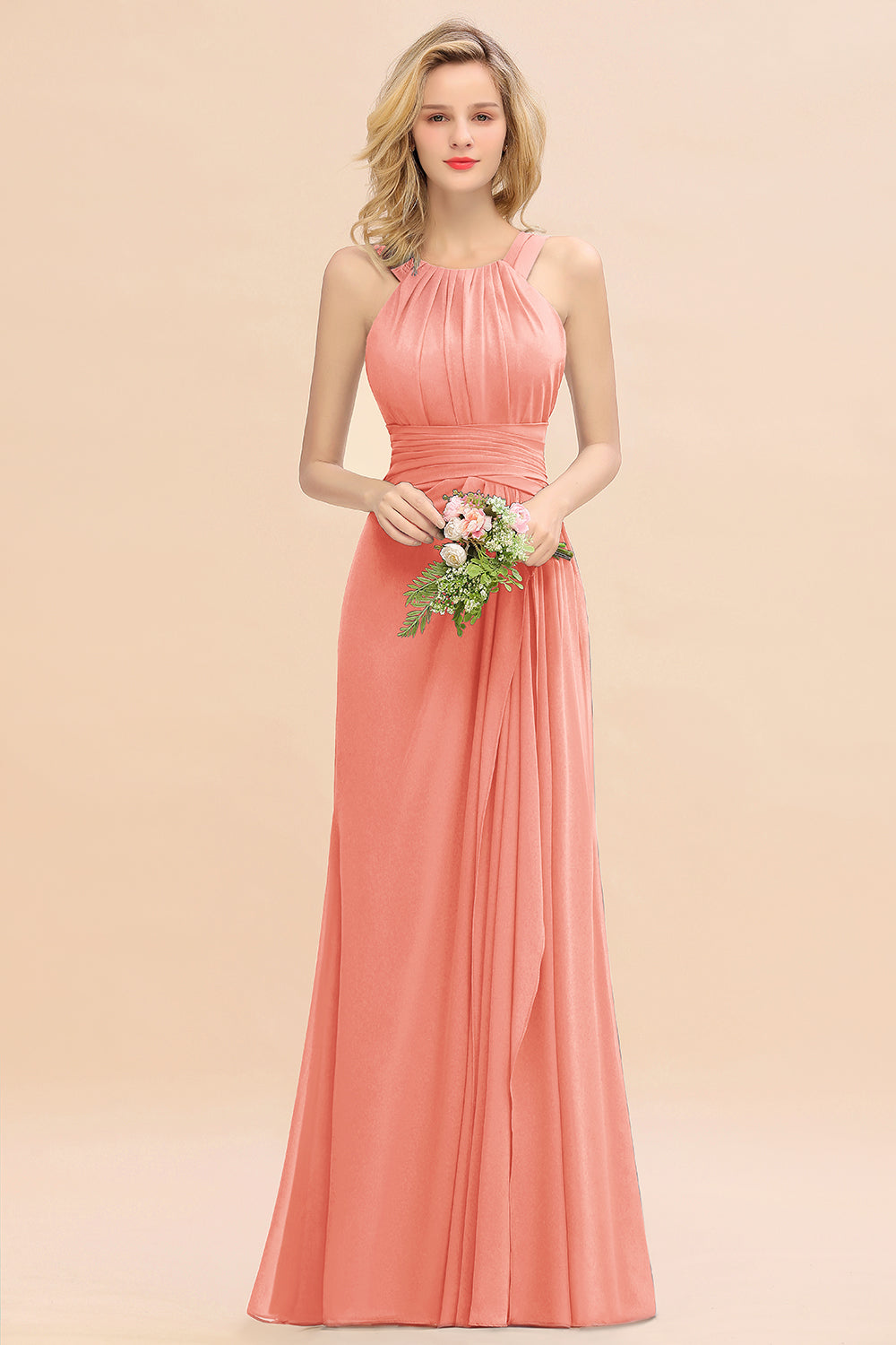 Elegant Round Neck Sleeveless Bridesmaid Dresses with Ruffles