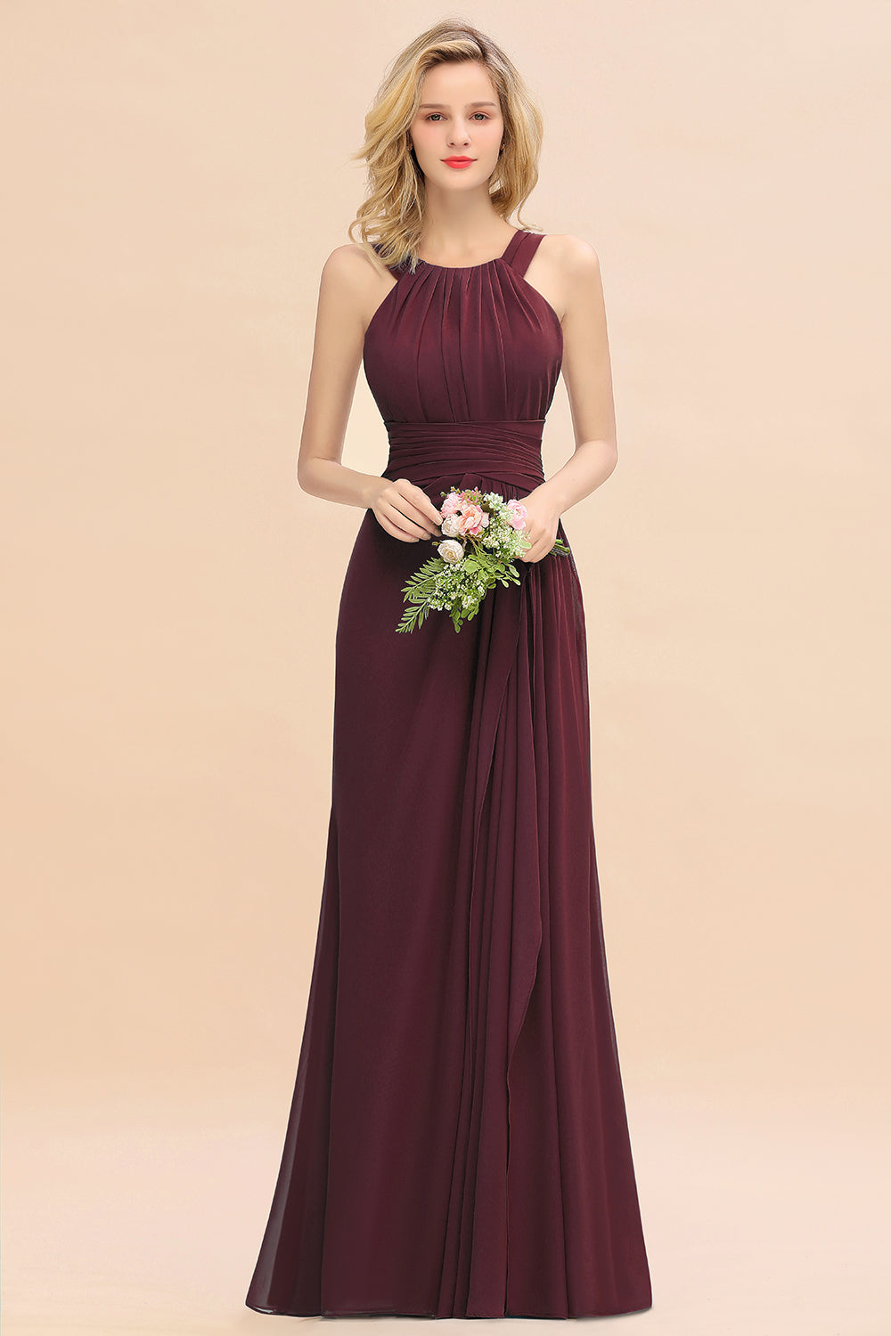 Elegant Round Neck Sleeveless Bridesmaid Dresses with Ruffles