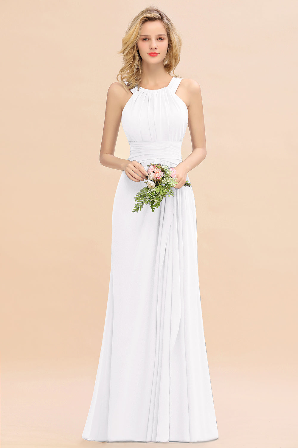 Elegant Round Neck Sleeveless Bridesmaid Dresses with Ruffles