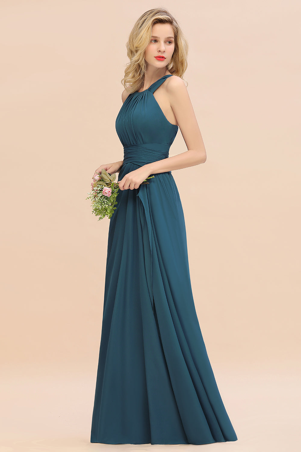 Elegant Round Neck Sleeveless Bridesmaid Dresses with Ruffles