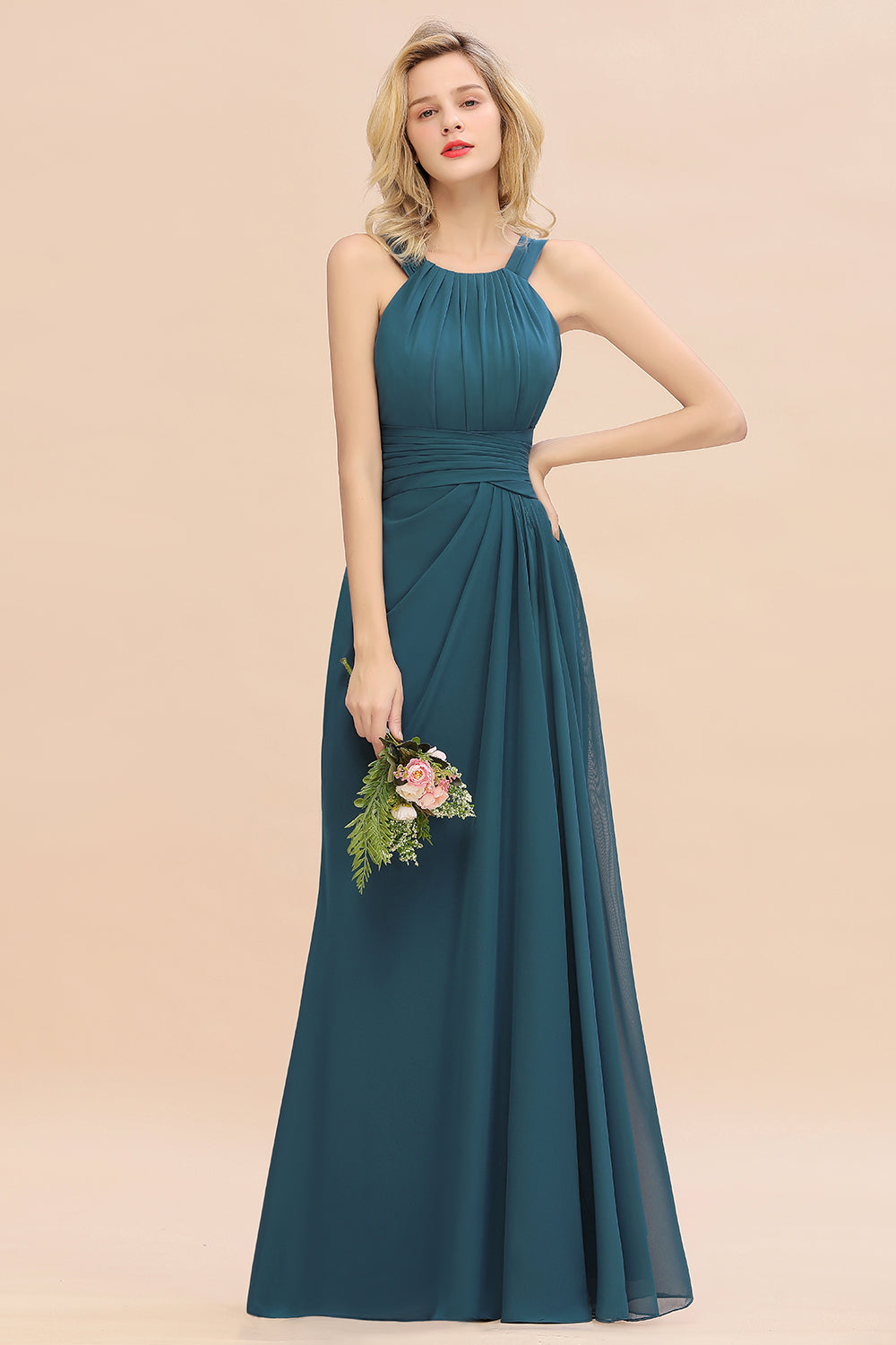 Elegant Round Neck Sleeveless Bridesmaid Dresses with Ruffles